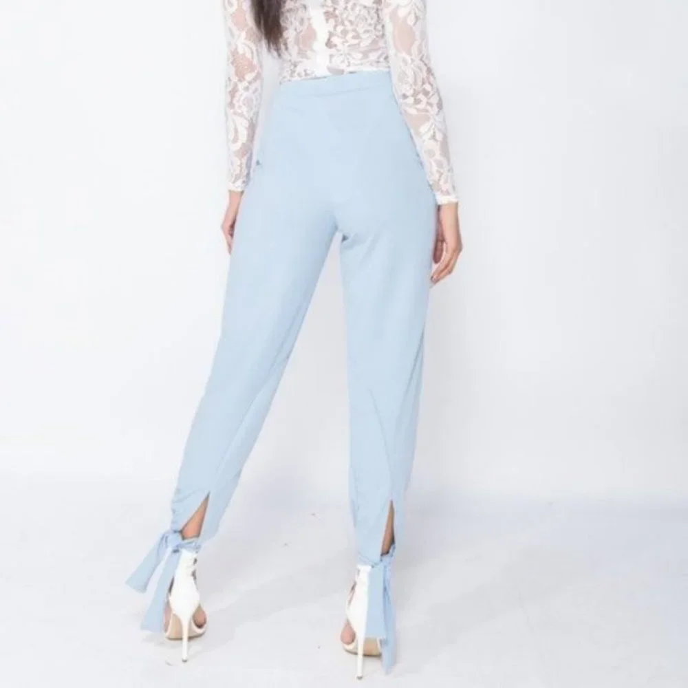 Blue High Waist Tie Hem Tapered Ankle Pants - Picture 5 of 5